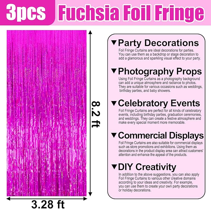 3 Pack Rose Red Foil Fringe Curtain Backdrop, 3.28Ft x 8.2Ft Metallic Tinsel Foil Fringe Streamer Curtains for Photo Booth, Mother's Day, Easter, Birthday, Wedding Party Decorations