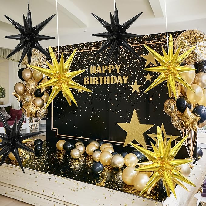 6PCS Black Gold Star Balloons, 22Inch Large Star Balloon Foil Balloons Spike Cone Balloon for Graduation Retirement Birthday New Year Party Decoration