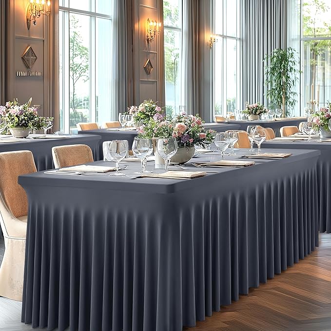 1 Pack Grey Table Clothes for 4 Foot Rectangle Tables, One-Piece Wrinkle Resistant Stretch Spandex Table Covers with Skirt for Event Banquet Wedding Birthday Party