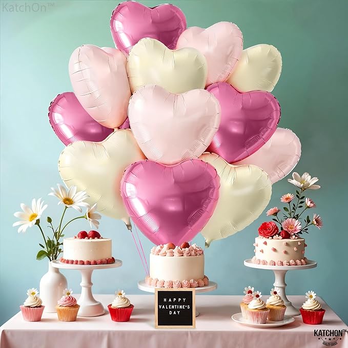 KatchOn, Pastel Valentines Heart Balloons Foil - 18 Inch Pack of 12 | Heart Shaped Balloons for Valentines Day Decorations | Galentines Balloons, Galentines Day Decorations | Valentines Heart Balloons