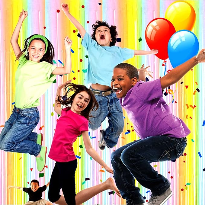 4 Pack Macaron Rainbow Foil Fringe Curtain Backdrop, 3.28Ftx8.2Ft Colorful Foil Fringe Streamers Curtains for Party, Photo Booth Props, Birthday, 2022 Graduation Decoration Supplies