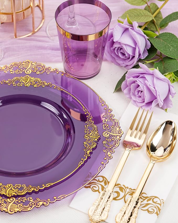 Nervure 175PCS Clear Purple Plastic Plates - Purple Party Plates Set for 25 Guests Include 25Dinner Plate, 25Dessert Plate, 25Cups, 75 Cutlery, 25Napkins Perfect for Wedding & Party & New Year