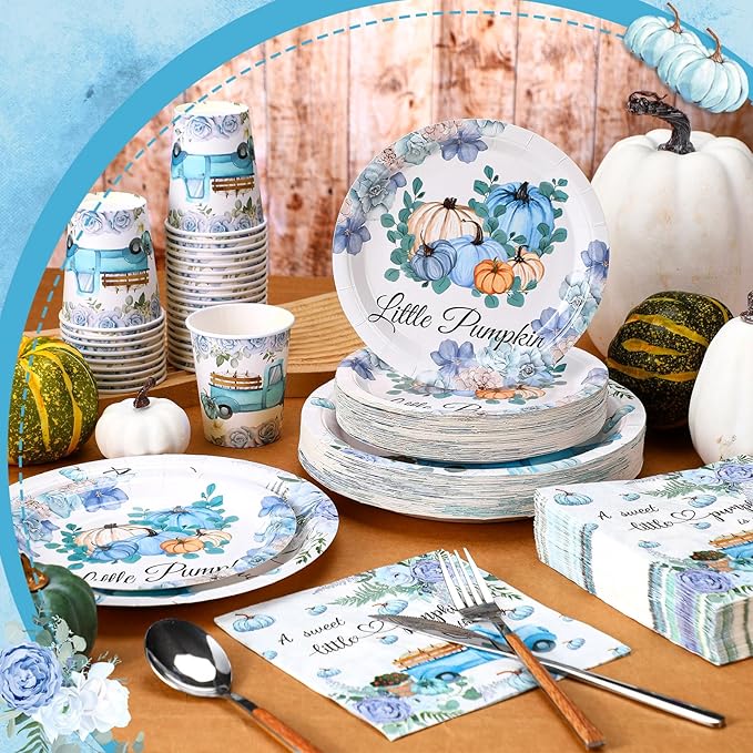 Hsei 250 Pcs a Little Pumpkin Plates and Napkins Party Decorations Disposable Tableware Sets Baby Shower Birthday Party Supplies Serves 50 Guests Dinnerware Baby Bridal Shower Favors