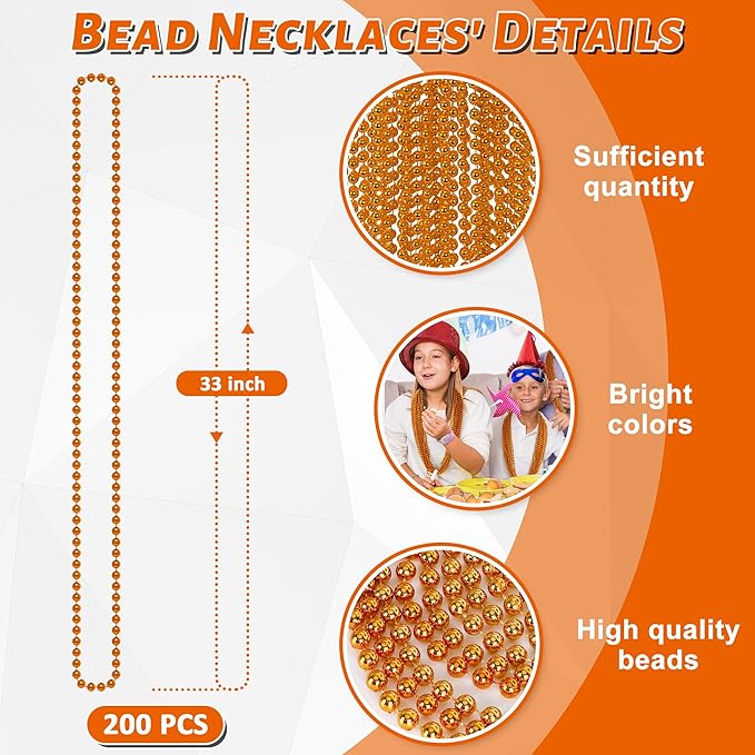 200PCS Bead Necklace, Orange Bead Necklaces Party Favors, 33" Round Beads Halloween Necklaces Bulk, Festival Parade Throw Accessories for Mardi Gras Halloween Wedding Celebrations Decorations
