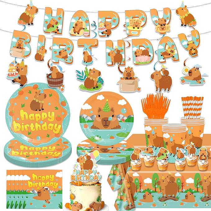 162PCS Capybara Birthday Party Decorations, Capybara Party Supplies Disposable Plates and Napkins Set, Tableware,Banner, Hanging Swirls, Tablecloth, Cake Cupcake Topper, Baby Shower