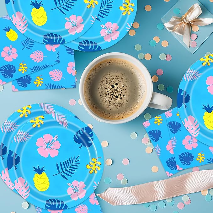 40Pcs Hawaiian Birthday Party Decorations Plates and Napkins Blue Cartoon Hawaiian Themed Party or Baby Shower Supplies Set for 20 Guests