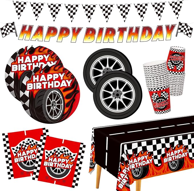 Car Birthday Decorations Kit: Car Theme Party Supplies for 25 - Includes Dinner & Dessert Plates, Napkins, Cups, Banner and Tablecloth for Boys' Racing Car Birthday Party Decorations