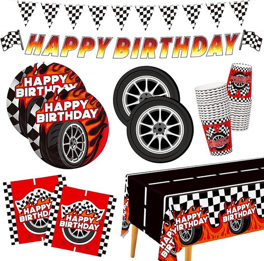 Car Birthday Decorations Kit: Car Theme Party Supplies for 25 - Includes Dinner & Dessert Plates, Napkins, Cups, Banner and Tablecloth for Boys' Racing Car Birthday Party Decorations
