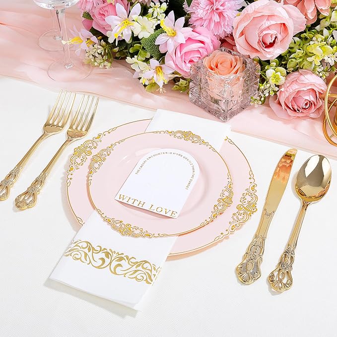 Ciaell 300PCS Pink and Gold Plastic Plates - Pink Disposable Dinnerware Sets for 50 Guests - 100 Plates, 50 Knives, 50 Forks, 50 Spoons, and 50 Napkins for Wedding, Anniversary and Party