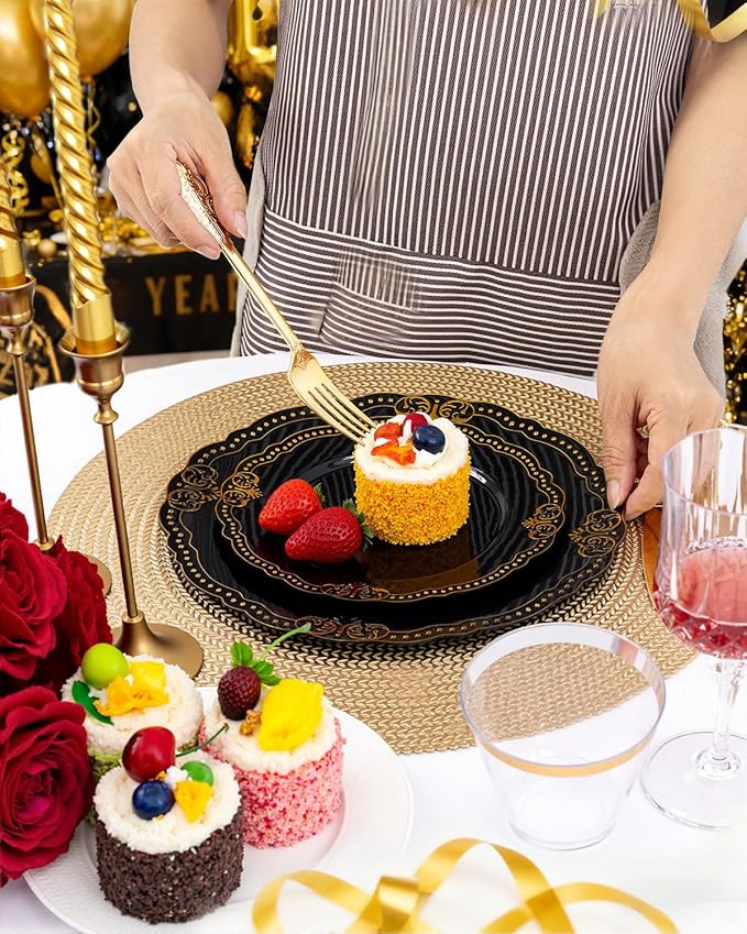 Ciaell 175 PCS Black and Gold Plastic Plates - Black Disposable Dinnerware Set with 50 Plates, 25 Knives, 25 Forks, 25 Spoons, 25 Cups, 25 Napkins for New Year’s Day, Parties and Weddings