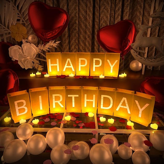 Happy Birthday Decorations, Include Light up Letters, with Tea Lights Candles, Latex Balloons, Aluminum Balloons and Rose Petals, Special Festival, Surprise Gifts Banner for Women and Men