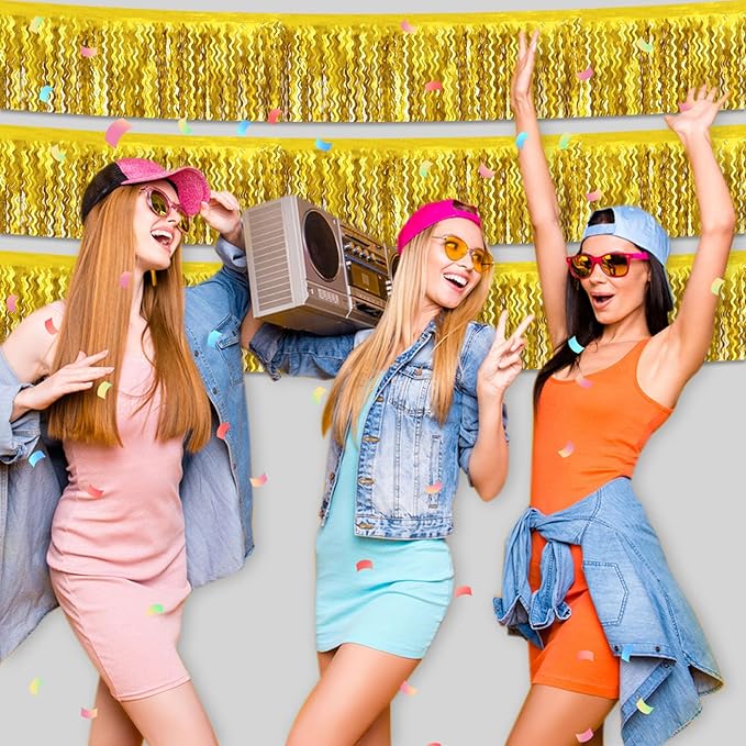 6 Pack 10 Feet Gold Wave Foil Fringe Garland Metallic Tinsel Streamers Banner Wall Hanging Curtain Backdrop for Parade Floats, Mother's Day, Easter, Wedding, Birthday Party Decoration