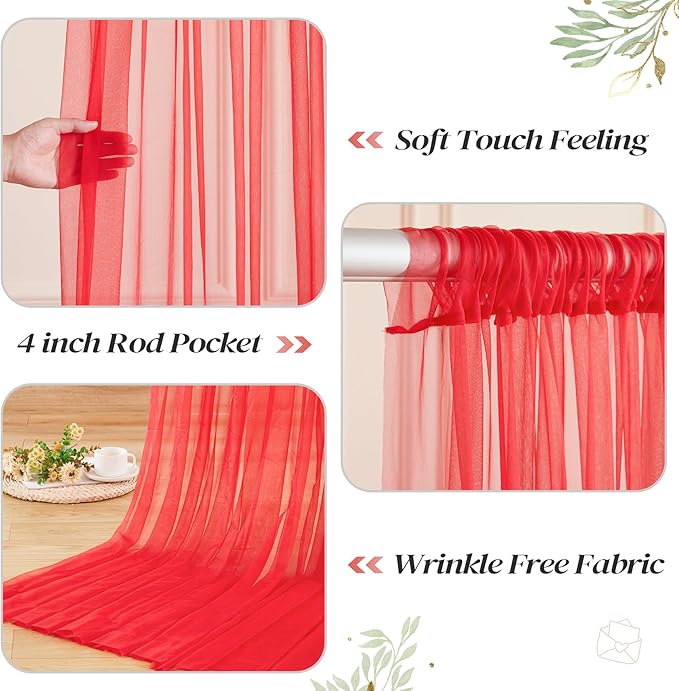 10ft x 8ft Red Backdrop Curtain with Lights String for Parties, Sheer Tulle Wedding Photo Backdrops Drapes for Baby Shower Birthday Party Decorations Background for Photography