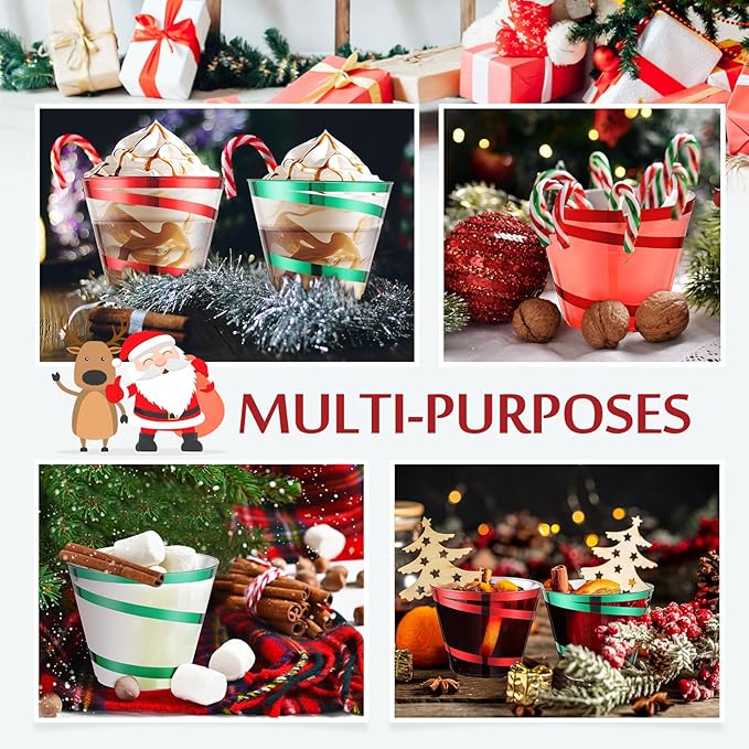 Gejoy 9 oz Rimmed Swirl Plastic Cups Disposable Wine Drinking Cups Clear Elegant Halloween Tumblers for Christmas Party Supplies(Red, Green,100 Pcs)