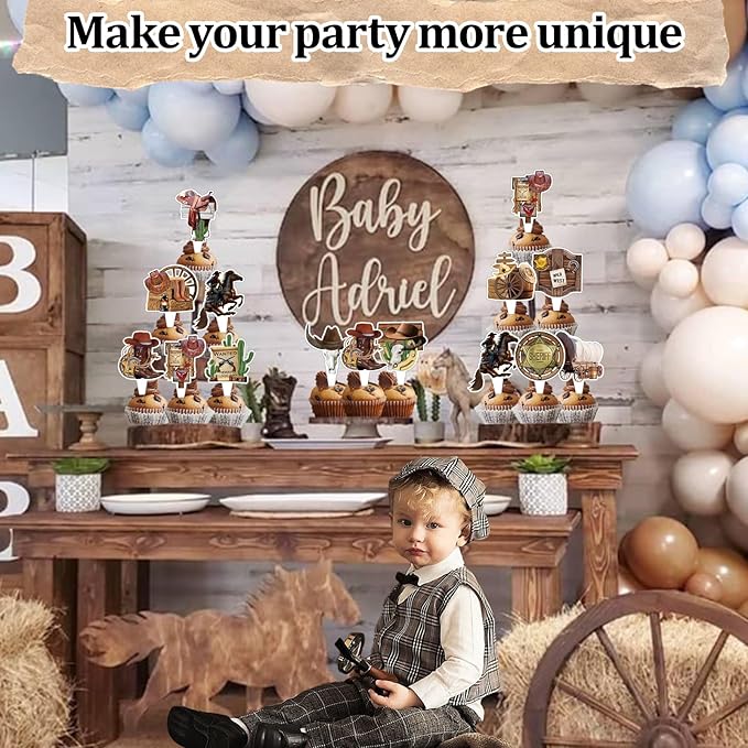 24 PCS Western Cowboy Happy Birthday Cupcake Toppers Wild West Theme Party Decorations Cake Decor Cupcak Decorations Cake Decorating Party Supplies Decor for Baby Shower Men Women Boys Girls