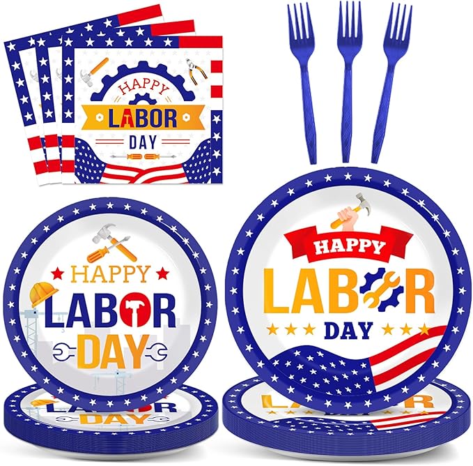 96 Pcs Labor Day Party Supplies for 24 Guests Labor Party Tableware Plates Napkins American Holiday Patriotic Dinnerware Table Decorations Happy Labor Day Party Favor for USA Independence Day