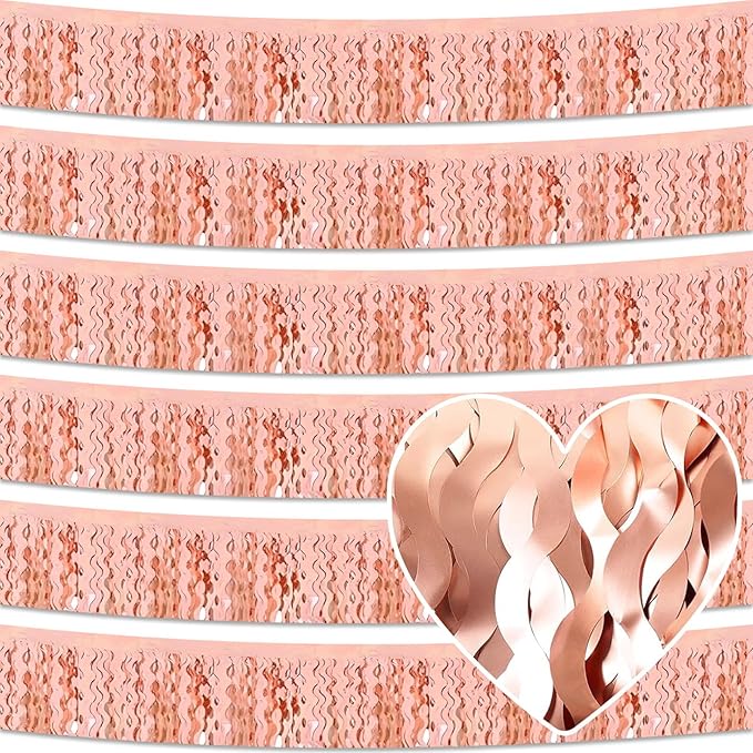 6 Pack 10 Feet Rose Gold Wave Foil Fringe Garland Metallic Tinsel Streamers Banner Wall Hanging Curtain Backdrop for Parade Floats, Mother's Day, Easter, Wedding, Birthday Party Decoration