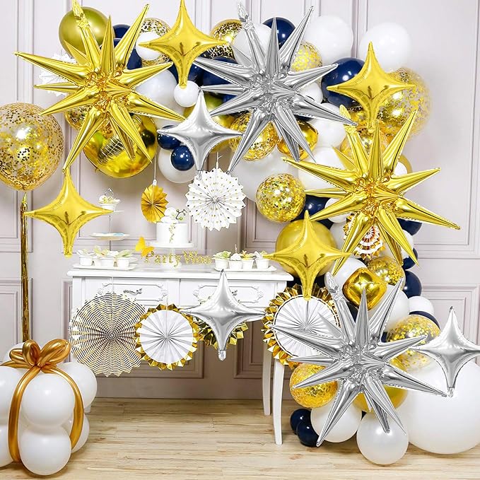 Gold Silver Star Balloons,Explosion Star Balloons Kit with 6Pcs 22Inch Cone Star Foil Balloons and 10Pcs 10Inch Four Pointed Star Balloons for Birthday Anniversary Disco Party Decorations
