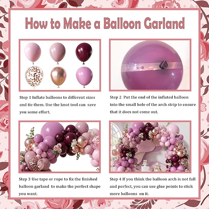 Retro Burgundy Balloon Arch Kit, 171Pcs Double-stuffed Dusty Pink Lavender Rose Pink Rose Gold Confetti Balloons for Baby Bridal Shower Wedding Engagement Birthday Party Decorations