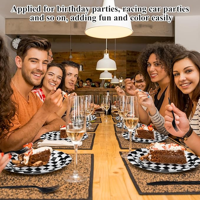 Pickmesh 400 Pcs Race Car Birthday Party Supplies Include Black White Checkered Disposable Paper Plates Napkins Cups Cutlery for Sport Race Car Birthday Party Decorations Serve 50