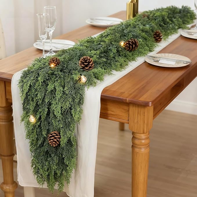 9FT Real Touch Cedar Garland for Fireplace - Artificial Christmas Garlands Realistic Faux Greenery Fake Pine Needles Garland for Holiday,Table, Window,Mantel,Stairs, Home,Indoor Outdoor Decor (1PCS)