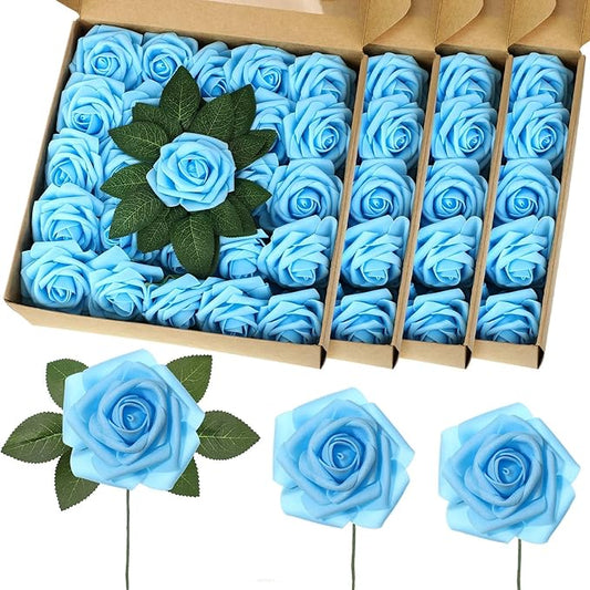 100 Pcs Artificial Foam Rose Faux Bouquet with Leaves and Stems for DIY Wedding Bouquets Centerpieces Bridal Shower Party Valentine Home Decorations (Light Blue)