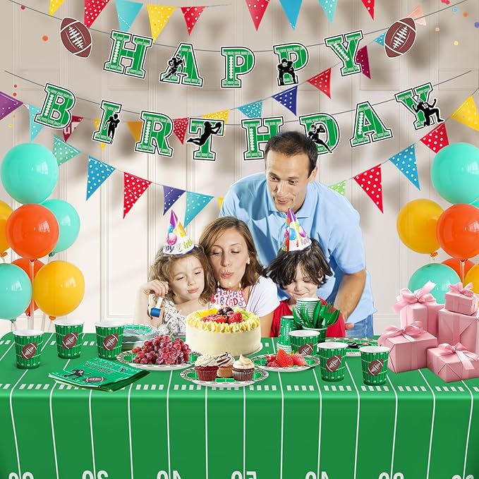Football Birthday Decorations, 170 Pcs Football Party Decorations Including Banner, Plates, Cups, Napkins, Cutlery, Straws and Tablecloths, Serves 24