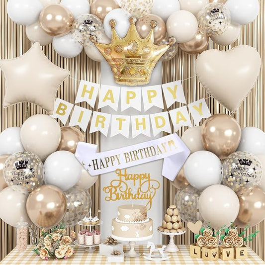 White & Gold Birthday Decor - Cream Champagne Gold Balloons, Banner, Foil Balloons, Fringe Curtain for Boho Party Supplies