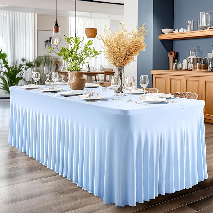 1 Pack Baby Blue Tableclothes for 8 Foot Rectangle Tables, One-Piece Wrinkle Resistant Stretch Spandex Table Covers with Skirt for Event Banquet Wedding Birthday Party