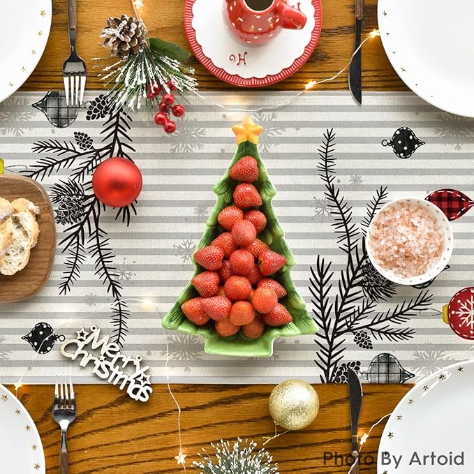 Artoid Mode Xmas Trees Snowflakes Stripes Merry Christmas Table Runner, Seasonal Winter Holiday Kitchen Dining Table Decoration for Home Party Decor 13x90 Inch