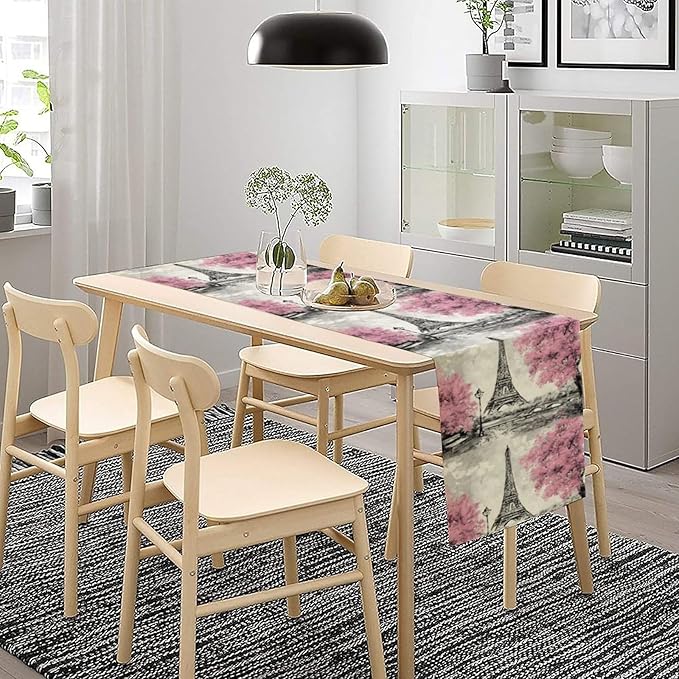 Paris Eiffel Tower Table Runner, Watercolor Eiffel Tower Dinner Runner for Farmhouse Kitchen Dining Table Holiday Party Decoration 13 x 120 Inch