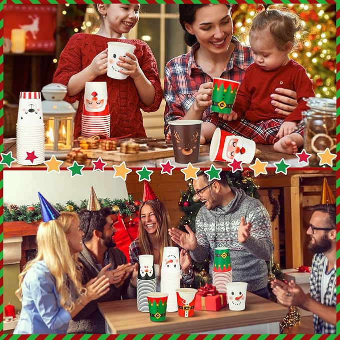 Zhehao 200 Pcs Christmas Paper Cups Xmas Disposable Coffee Cups 9 oz Santa Snowman Elk Disposable Christmas Paper Drinkware for Tea Beverage Cocoa Cold Hot Drink