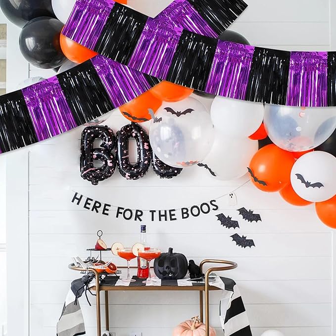 BEISHIDA 3 Packs Metallic Foil Fringe Garland Black Purple Wall Hanging Tinsel Fringe Banners for Halloween Car Floats Bridal Shower Wedding Birthday Easter Graduation Holiday Party Decoration (30 Ft)