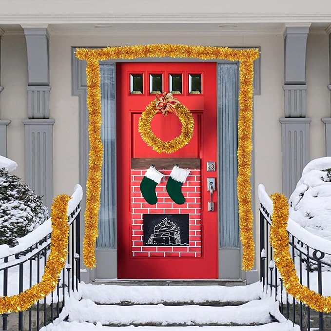 50FT Gold Christmas Tinsel Garland Metallic Twist Xmas Garland for Christmas Tree Decorations Holiday Hanging Garlands for Mantel Staircase Indoor Outdoor Home Office Class Party Holiday Decor