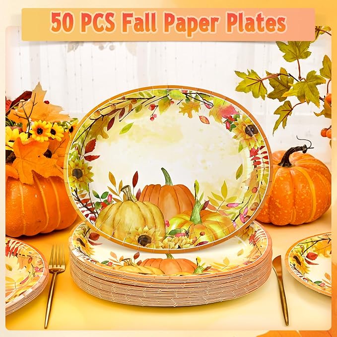 Homlouue 12x10 Oval Fall Paper Plates, 50PCS Fall Leaves Pumpkins Plate, Heavy Duty Thanksgiving Plates, Large Thanksgiving Paper Plate Disposable for Autumn Theme Party Decoration Serve 50 Guests