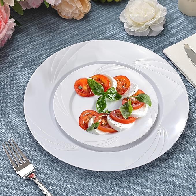 350-Piece White Swirls Plastic Dinnerware Set for 50 Guests, Elegant Disposable Dinnerware for Party, Wedding. Includes 10.25" Dinner Plates, 6.5" Dessert Plates, Silverware, Napkins, Cups