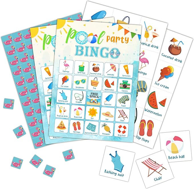Pool Party Bingo Cards, Summer Bingo Games for 24 Players, Pool Party Games for Family Friends Large Group Activities, Pool Party Favors Supplies Decorations(21)