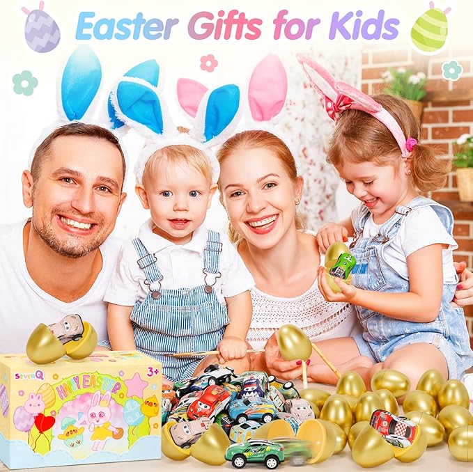 SevenQ Toy Cars Easter Egg Fillers 24 Pcs, Prefilled Easter Basket Stuffers Gifts for Kids Mini Race Car Party Favors Treasure Box Toys for Classroom Birthday Chest Prizes Goodie Bag Hunt Easter Games