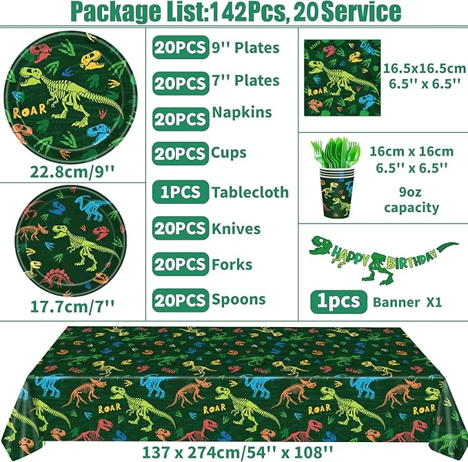 142pcs Dinosaur Party Supplies Dinosaur Theme Birthday Party Decoration Banner Includes Plates Cups Napkins Cutlery Sets, Serves 20 Guests