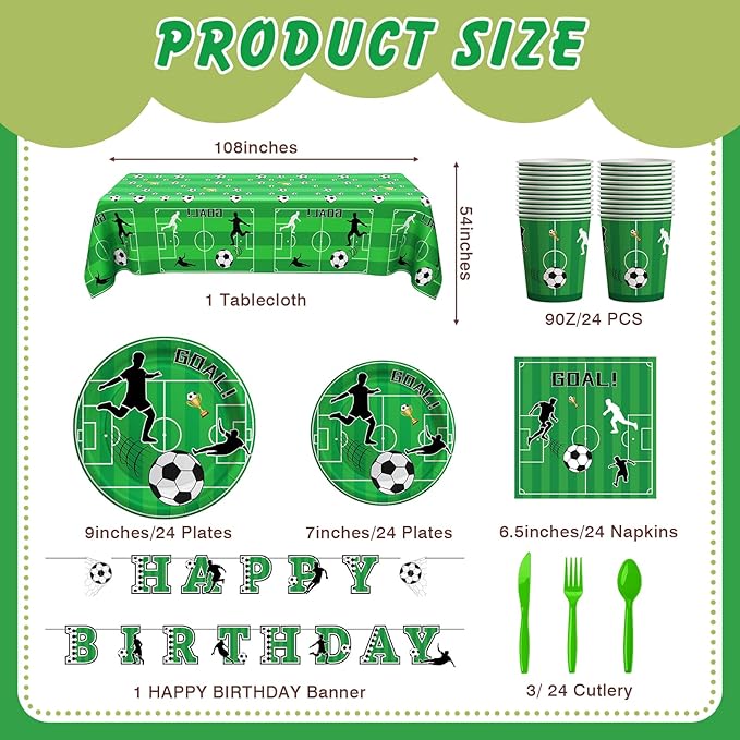 Soccer Birthday Decorations, 170 Pcs Soccer Party Decorations Including Banner, Plates, Cups, Napkins, Cutlery, Straws and Tablecloths, Serves 24