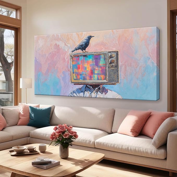Abstract Art Wall Decor Prints Crow And Tv Head Wall Decorations Ready To Hang Modern Wall Art For Living Room Office Bedroom Bathroom Kitchen Canvas Prints Decor 20x40 Inch