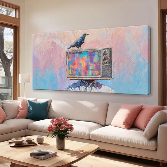 Abstract Art Wall Decor Prints Crow And Tv Head Wall Decorations Ready To Hang Modern Wall Art For Living Room Office Bedroom Bathroom Kitchen Canvas Prints Decor 20x40 Inch