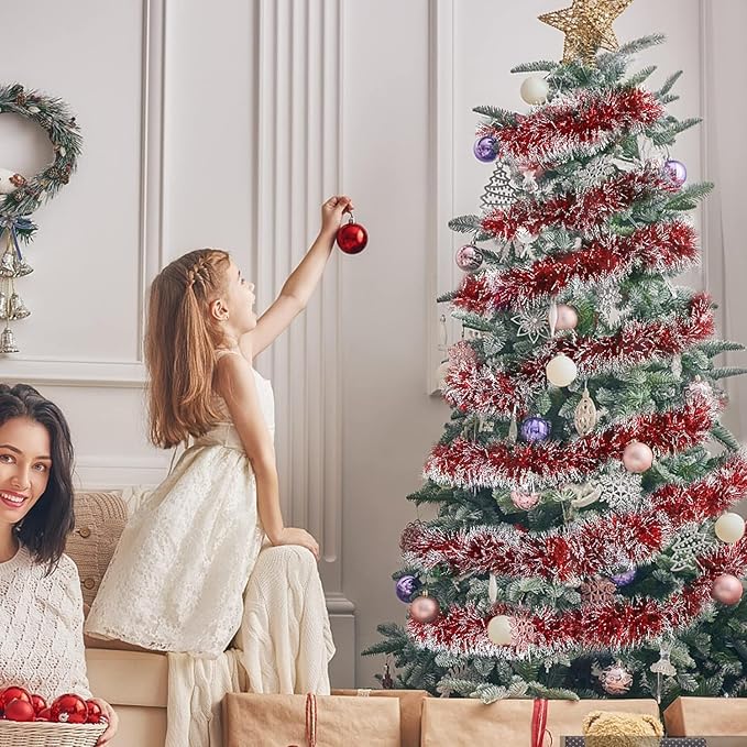 50Ft Christmas Tinsel Garland, Red Snowflake Metallic Twist Garland for Xmas Tree Decorations, Tinsel for New Year Party Ceiling Hanging Decorations Indoor and Outdoor Decor