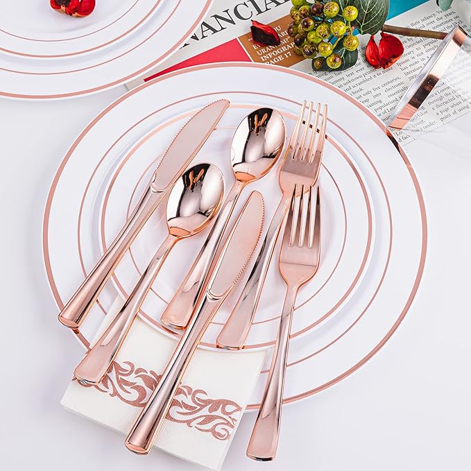 N9R 300PCS Rose Gold Plastic Silverware, Heavy Duty Plastic Cutlery Set, Disposable Rose Gold Utensils Include 100 Forks, 100 Spoons, 100 Knives, Perfect for Party Decorations