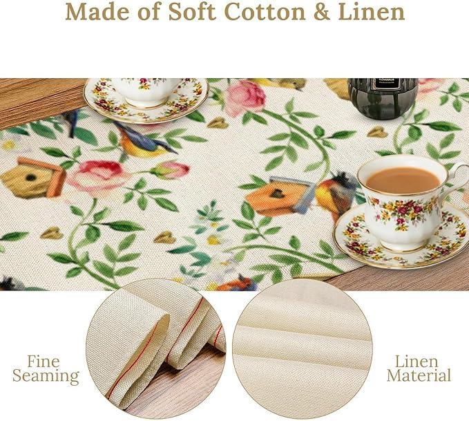 Birds Flowers Spring Table Runner,Watercolor Floral Leaves Seasonal Home Party Kitchen Dining Table Decoration 13x108 Inch