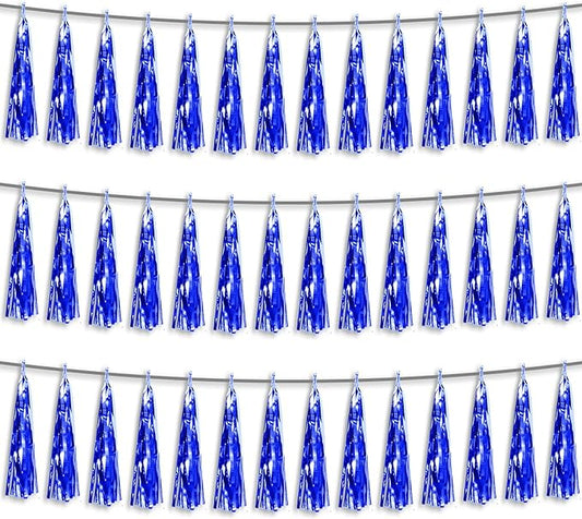 3P Blue Foil Fringe Metallic Tassel Streamers Banner Tassel Garland for Parade Floats, Bachelorette, Wedding, Birthday, Halloween, Christmas, Bridal/Baby Shower Party Decorations