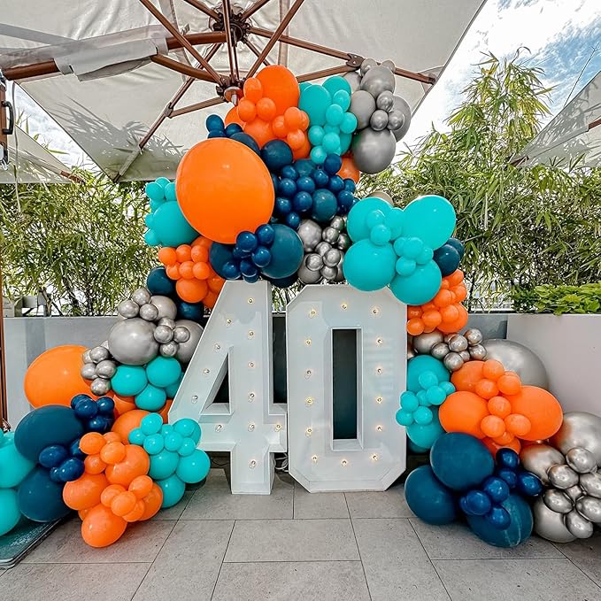 Blue Orange Balloons, 12 Inch Teal Navy Bule Balloons with Metallic Silver Balloon for Kids Boys Girls Birthday Thanksgiving Fall Graduation Basketball Outer Space Astronaut Theme Party Decorations