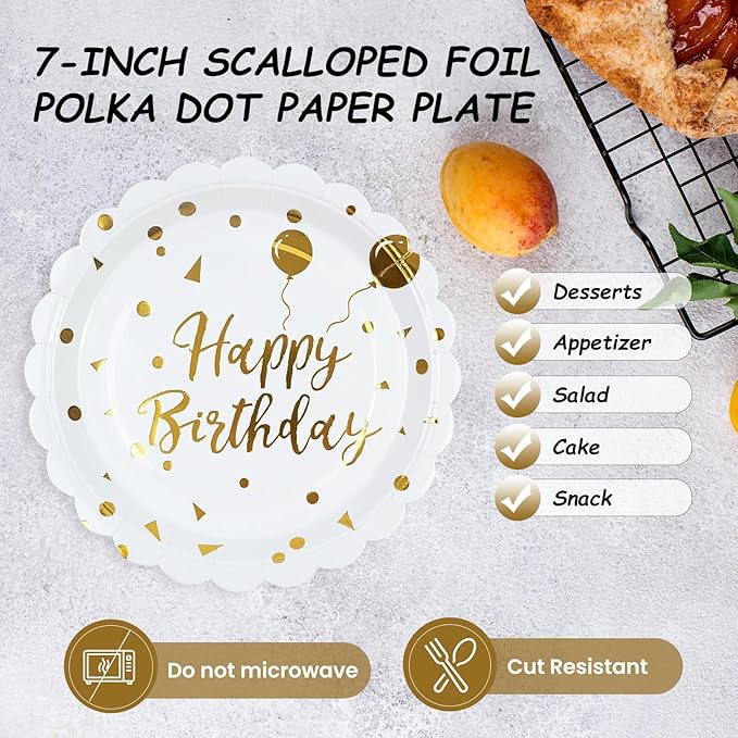 50PCS Happy Birthday Paper Plates and Napkins - 7 Inch Birthday Cake Plates Scalloped White and Gold Dessert Plates and 6.5 Inch Napkins Disposable Tableware Set, Serves 25