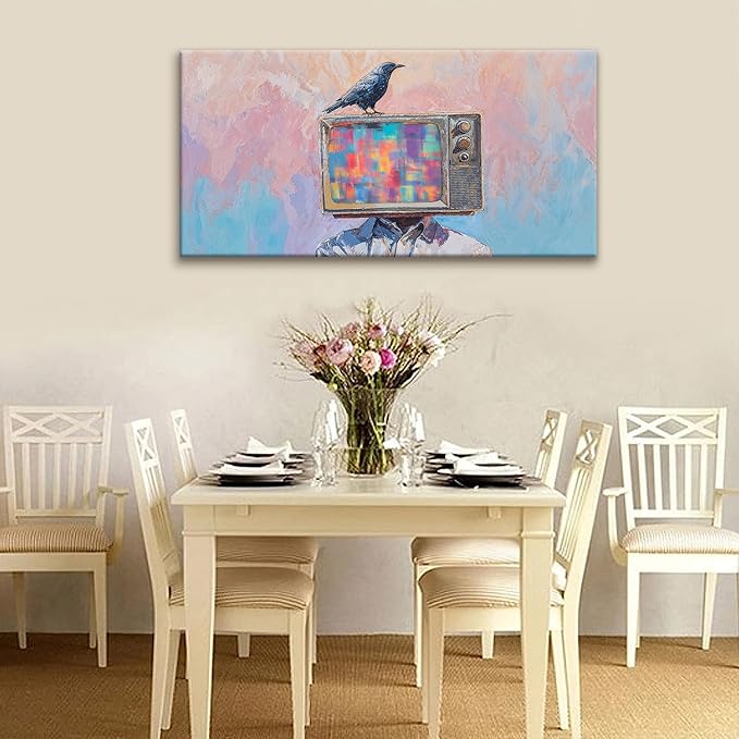 Abstract Art Wall Decor Prints Crow And Tv Head Wall Decorations Ready To Hang Modern Wall Art For Living Room Office Bedroom Bathroom Kitchen Canvas Prints Decor 20x40 Inch