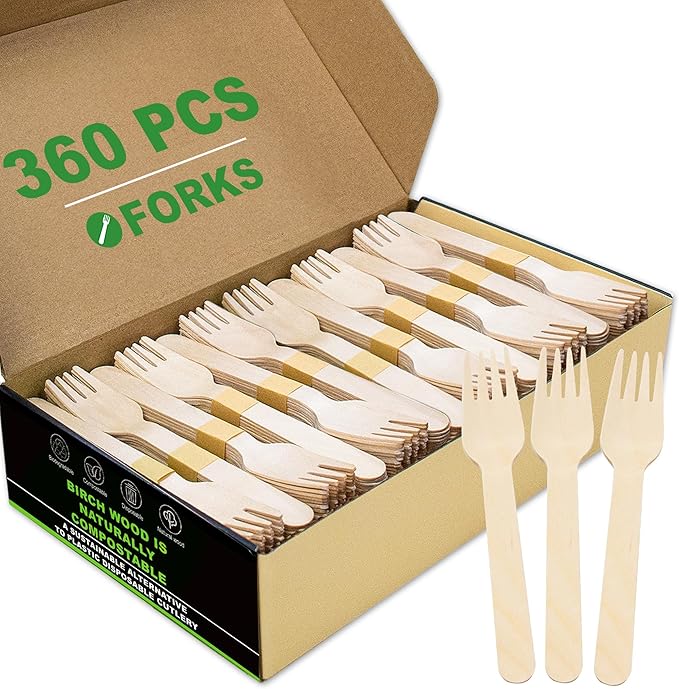 Wooden Cutlery Forks Disposable - 360 Pieces Bulk Green Compostable Forks, Eco-Friendly & Biodegradable, Splinter-Free, Ideal for Tasting, Party, Serving, Samples